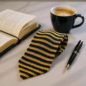 Baradello Mens Tie Knit Black Yellow Striped Necktie Retro Preppy Vintage 80s